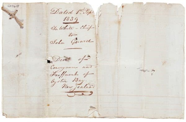 A deed, dated 1839, conveys the Oyster Bay lands of Chief Te Whetu (of Ngatirarua at Wairau) to John Guard, one of his may infamous land dealings.