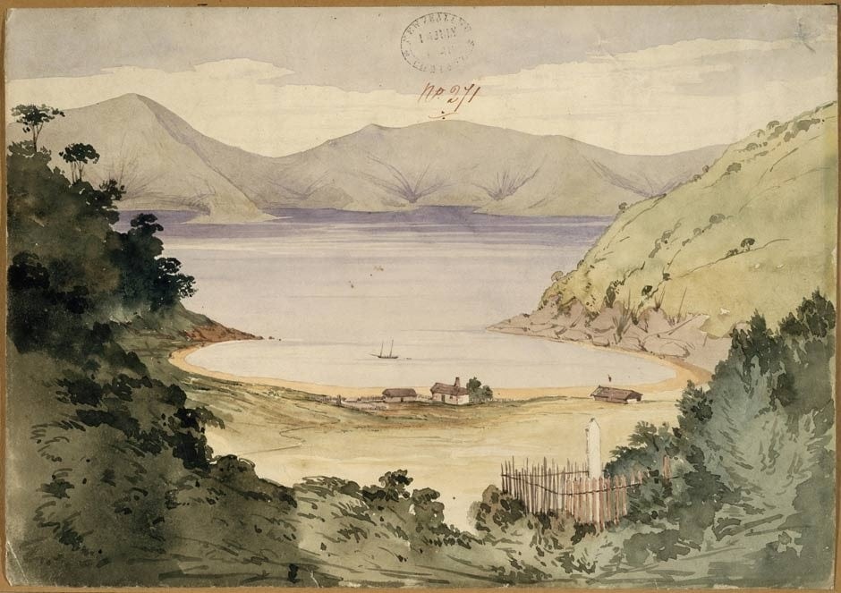 Watercolour of Guard's Bay, Port Underwood by William Fox (1848).